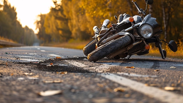 Motorcycle accident on a deserted road at sunset