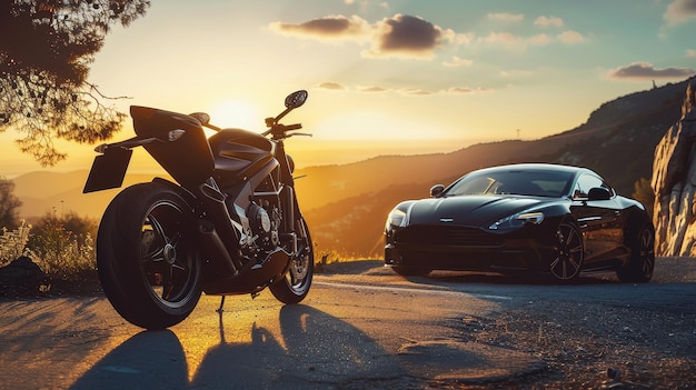 a motorcycle and a car are parked on a road with the sun setting behind it