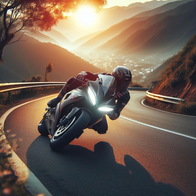 Motorcycle cornering in road mountain sunset