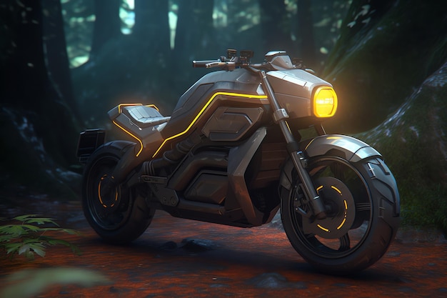 A motorcycle in a dark forest with the lights on.