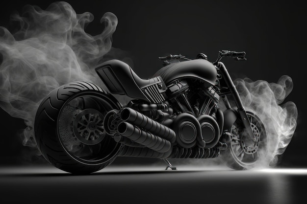 Motorcycle detail on a dark background with smoke side view AI generation