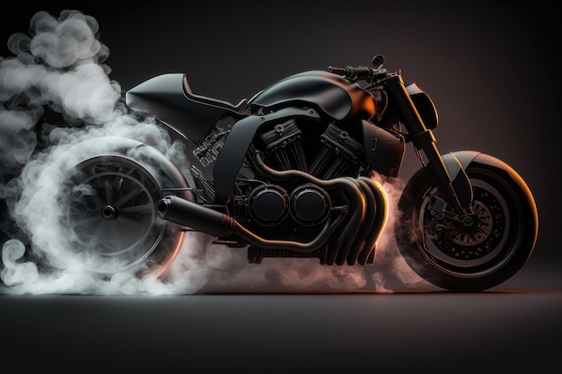 Motorcycle detail on a dark background with smoke side view AI generation