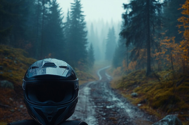 a motorcycle helmet is on a dirt road in the woods