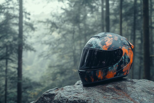 a motorcycle helmet sits on a rock in the forest