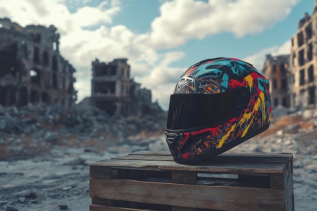 Photo a motorcycle helmet sits on top of a wooden crate