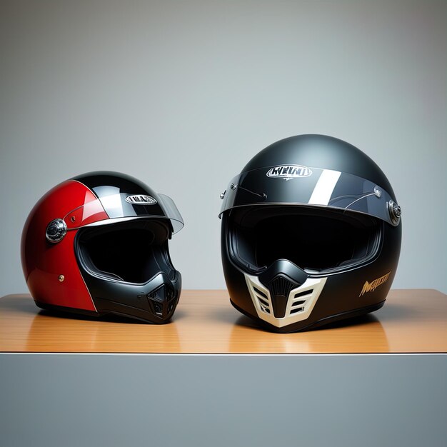 motorcycle helmet on wooden tabletwo modern motorcycle helmet on a light background