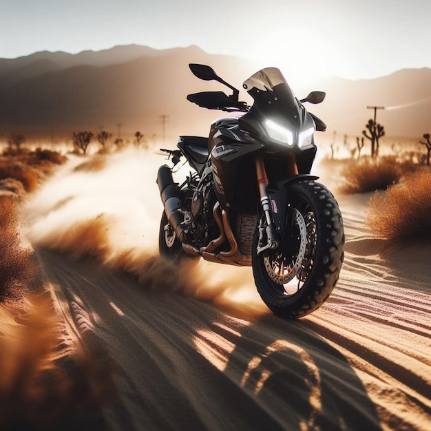 a motorcycle is driving through the desert with a sign in the background