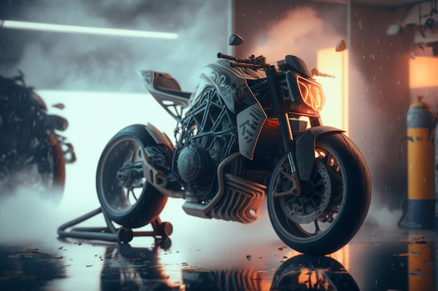 A motorcycle is in a garage with the word ducati on the back.