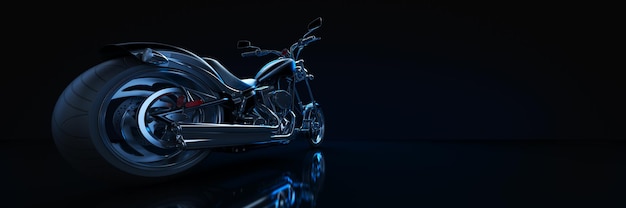 A motorcycle is parked in front of a black background.