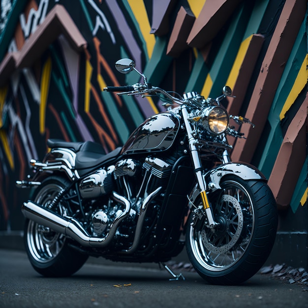 A motorcycle is parked in front of a colorful wallGenerative Ai