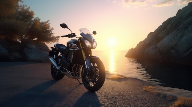 A motorcycle is parked on the road by the water.