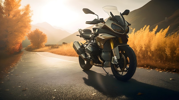 A motorcycle is parked on the road in front of a mountain.