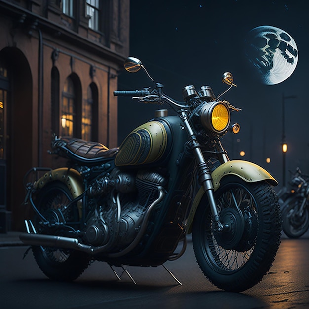 A motorcycle is parked on a street in front of a moon.