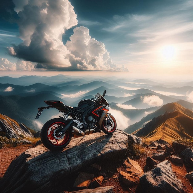 a motorcycle is on a rock with a sky background