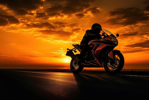 a motorcycle is silhouetted against a sunrise orange