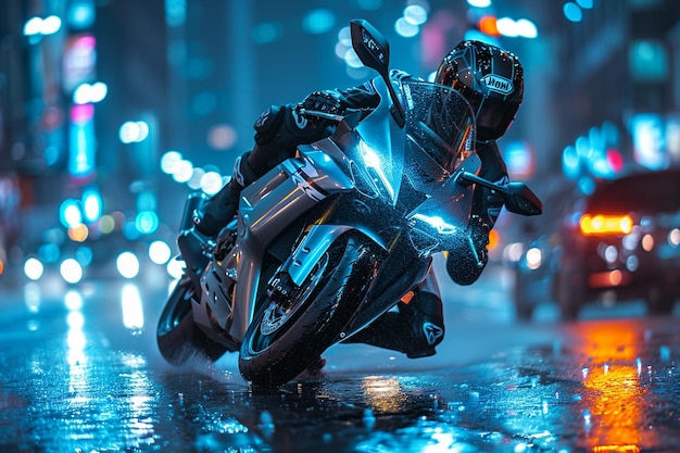 a motorcycle is on the wet street with the reflection of a person riding a motorcycle