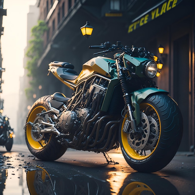 A motorcycle parked in front of a store