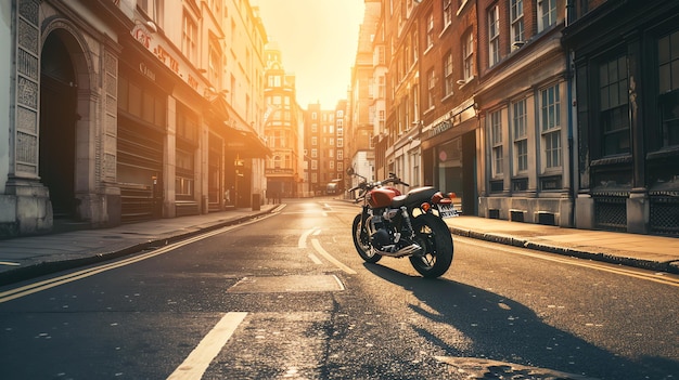 A motorcycle parked on a narrow street in a city The sun is shining down the street and there are buildings on either side of the street