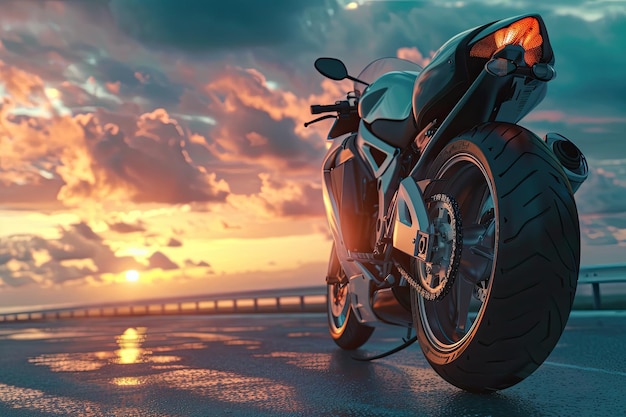 Motorcycle Parked on the Side of the Road at Sunset