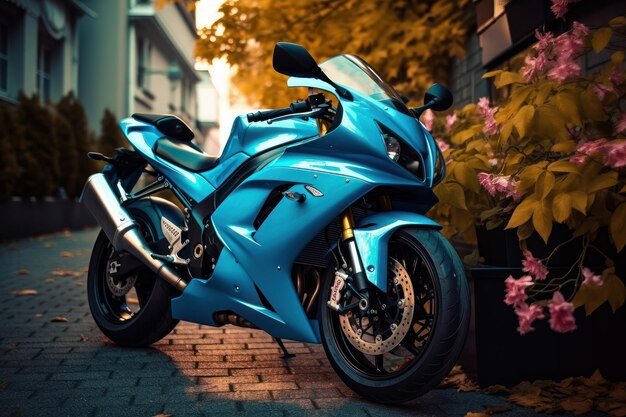 Motorcycle parked on the street blue in color