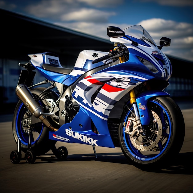 Motorcycle racer accelerating on a curve toward lights