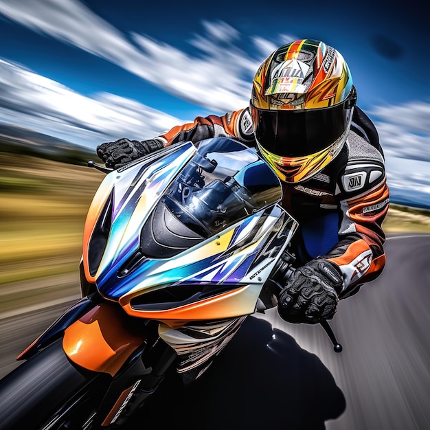 Motorcycle racer accelerating on a curve toward lights