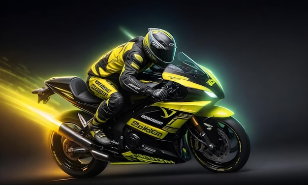 A motorcycle racer in full gear riding a yellow and black sport motorcycle