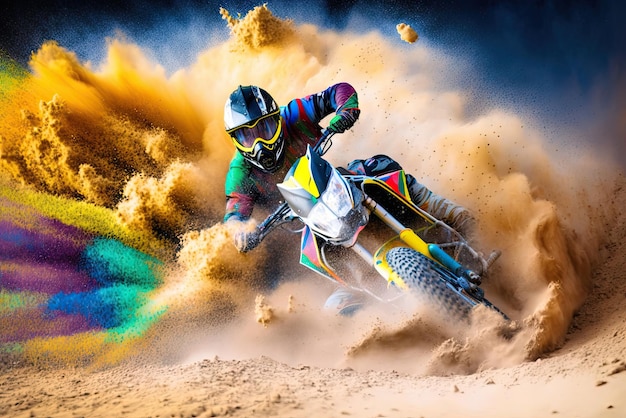 Motorcycle racing on colorfull sand athlete rider ai generative