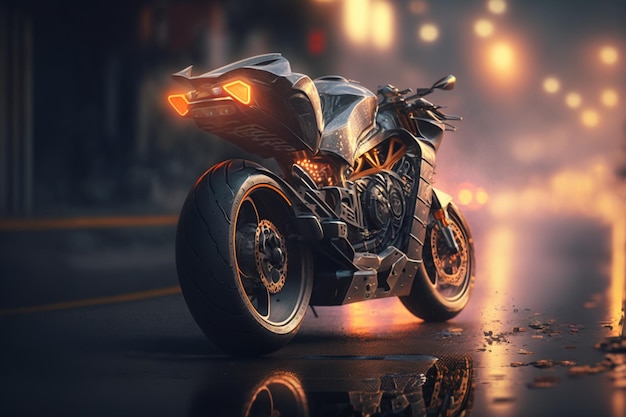 A motorcycle on a rainy night with the word motorcycle on the side.