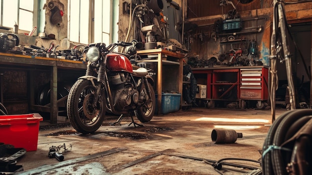 Motorcycle repair greasestained floors engine parts gritty ambiance highdefinition workshop setting Generative AI