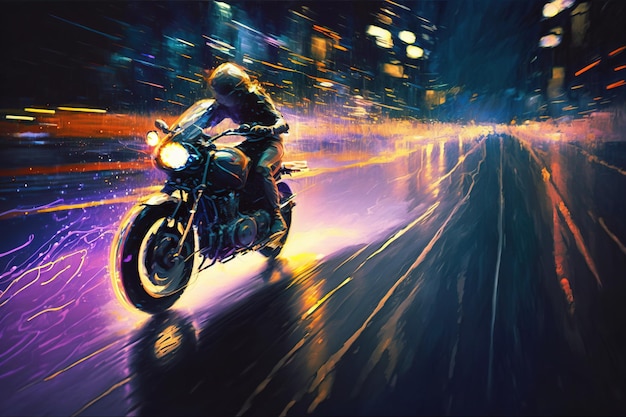 A motorcycle rider on a city street at night