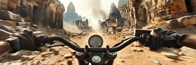 Photo motorcycle rider leans forward on winding road with ancient ruins scenery rider arms outstretched