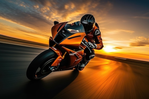 Motorcycle rider rides on a race track at sunset Motion blur Motorcycle rider on sport bike rides