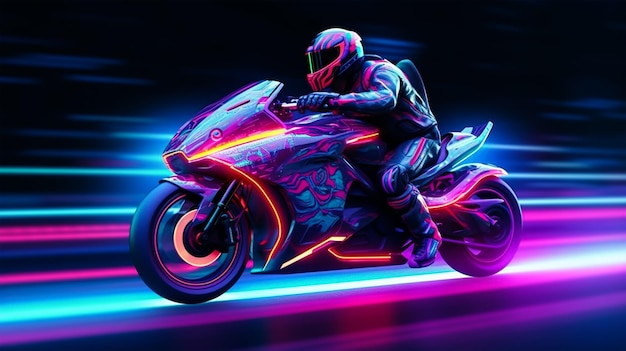 Motorcycle rider riding on the road at night with colorful neon light