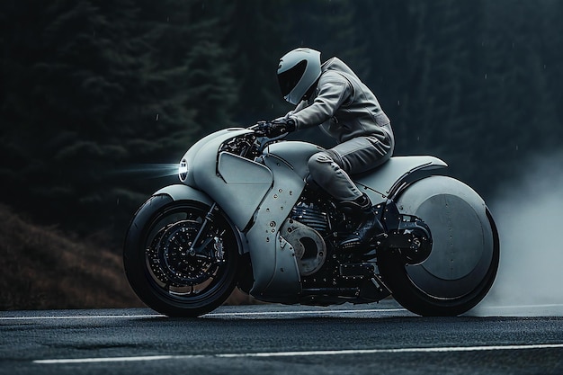 Motorcycle rider on the road in the forest Side view