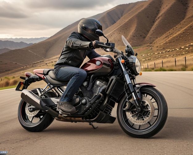 A motorcycle rider with black motorbike