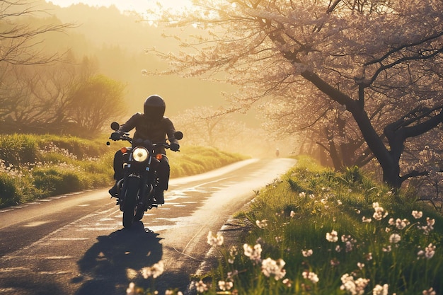 Motorcycle on the road with blooming cherry trees in the background