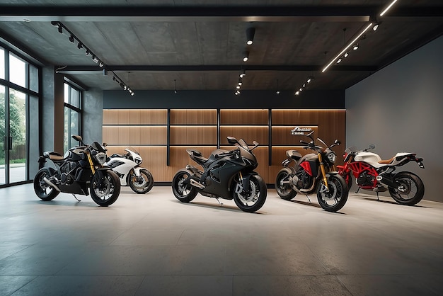 Motorcycle showroom interior design with dark tone color background product with a copy space