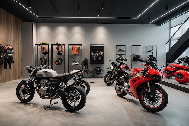 Photo motorcycle showroom interior design with dark tone color background product with a copy space