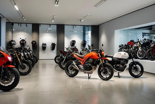 Photo motorcycle showroom interior design with dark tone color background product with a copy space