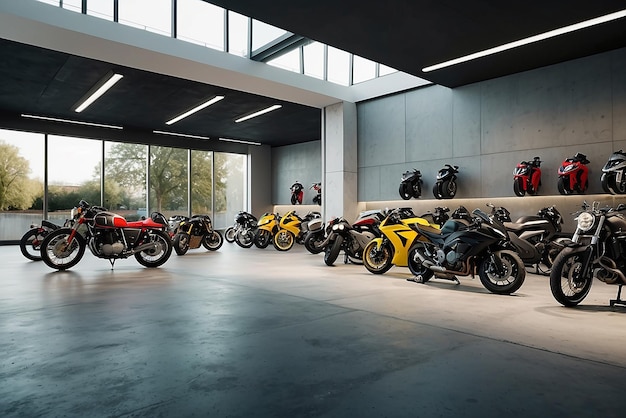 Photo motorcycle showroom interior design with dark tone color background product with a copy space