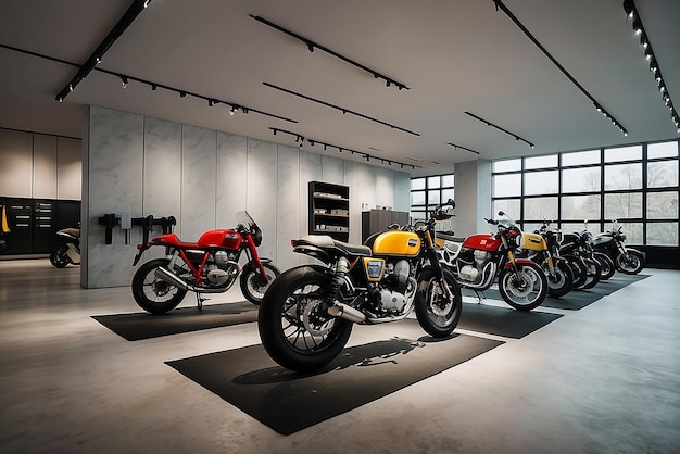 Motorcycle showroom interior design with dark tone color background product with a copy space