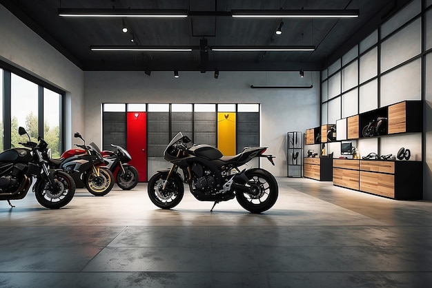 Photo motorcycle showroom interior design with dark tone color background product with a copy space