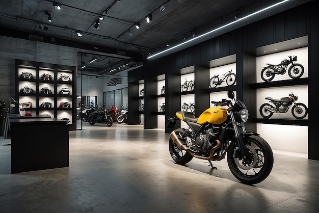 Motorcycle showroom interior design with dark tone color background product with a copy space