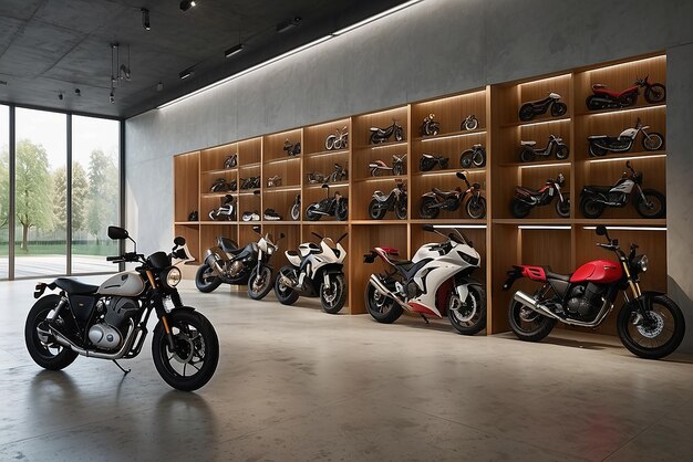 Photo motorcycle showroom interior design with dark tone color background product with a copy space