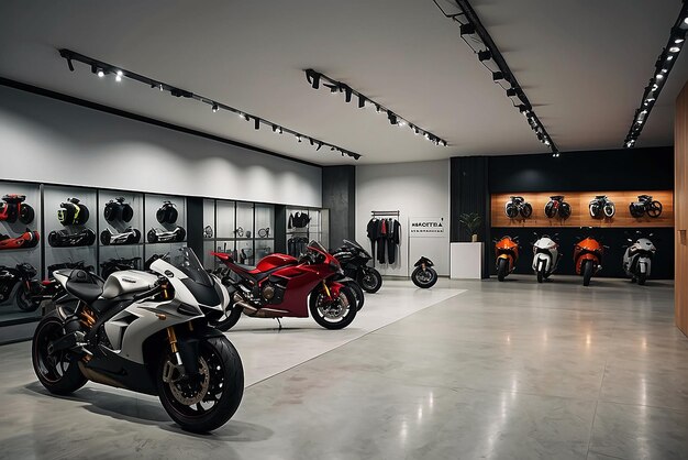 Motorcycle showroom interior design with dark tone color background product with a copy space