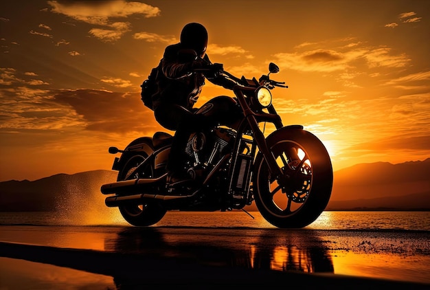 a motorcycle silhouetted under a sunset