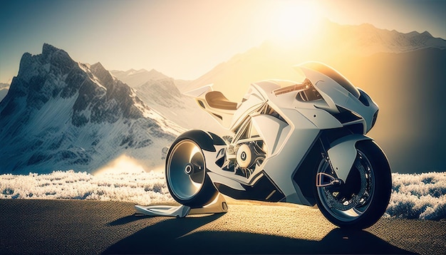 A motorcycle on a snowy road with mountains in the background