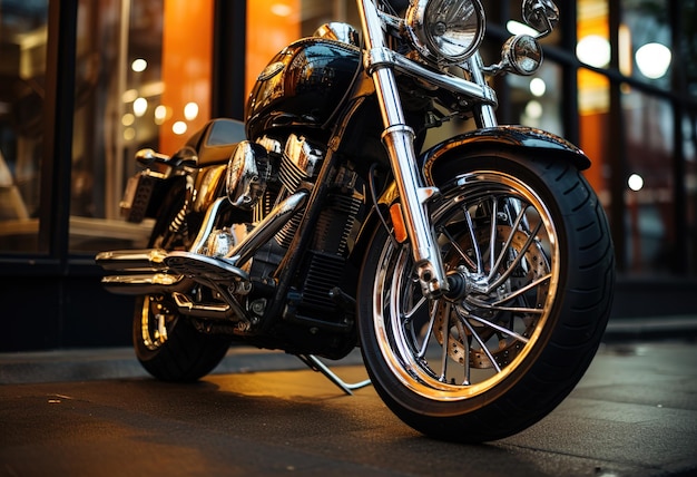 Motorcycle urban culture closeup of a motorcycle wheel on a city street