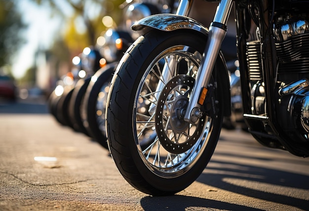 Motorcycle urban culture closeup of a motorcycle wheel on a city street